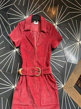 EUC Show Me Your Mumu Rose Red Corduroy Mini Dress with Belt and Pockets, size S